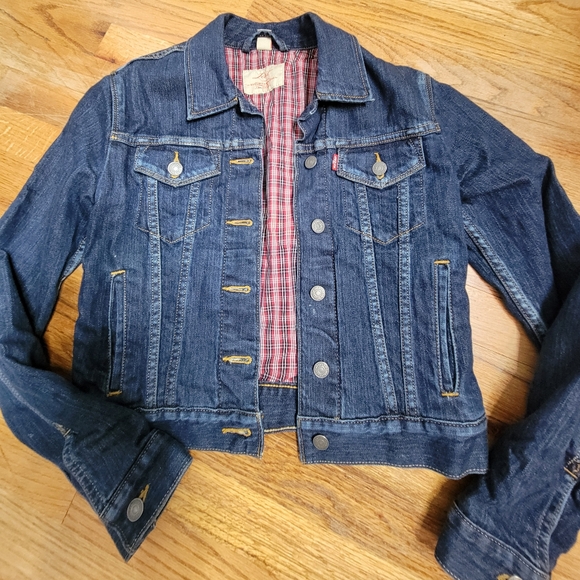 Levi's Denim Jacket With Plad Lining, Small P Dark Wash Coat Jean Western Biker - Picture 1 of 9